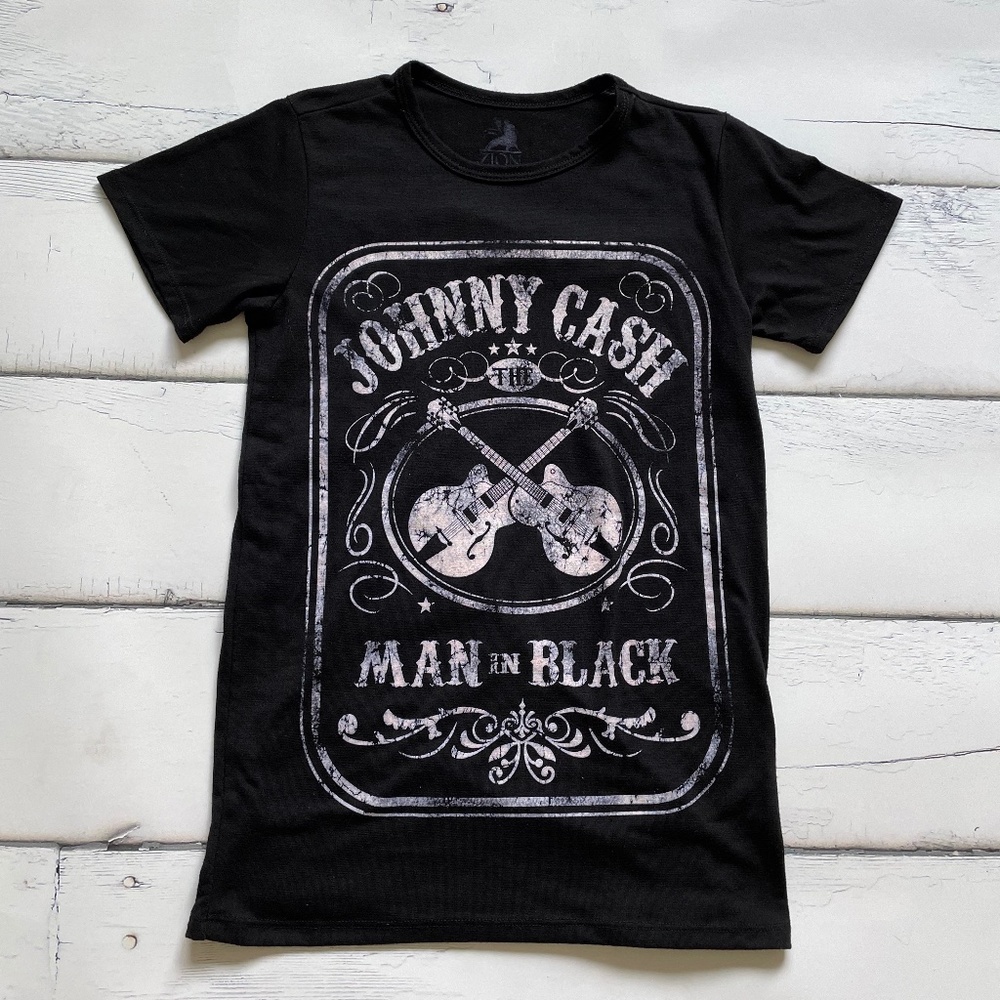Johnny Cash Band Tee T-shirt Black womens / juniors size XS Man in black